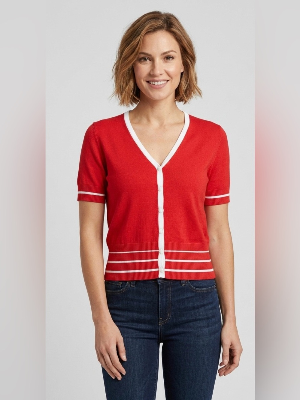 Vintage Valerie Stevens Red Knit Short Sleeve Button-Up Cardigan Sweater Top